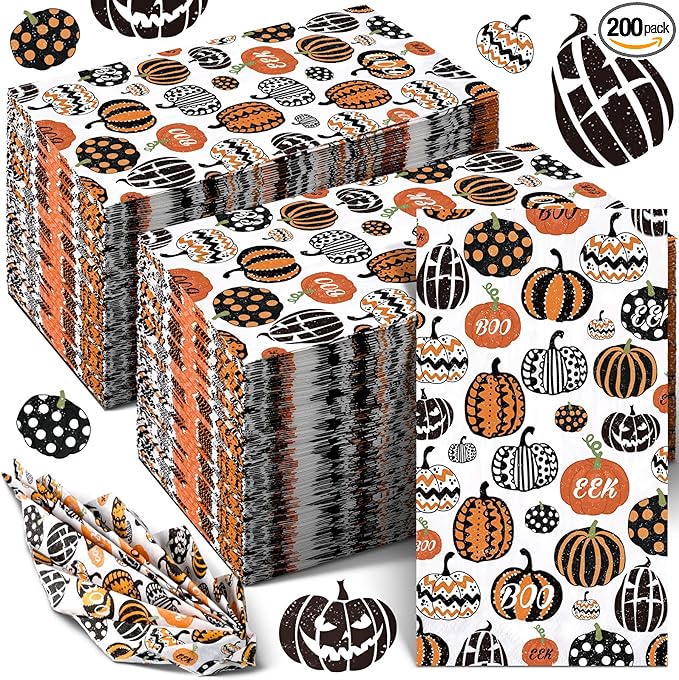 Jetec 200 Pcs Halloween Pumpkin Paper Napkins Paper Hand Towels for Bathroom Disposable Guest Napkins Orange Pumpkin Disposable Hand Towels for Halloween Christmas Birthday Party