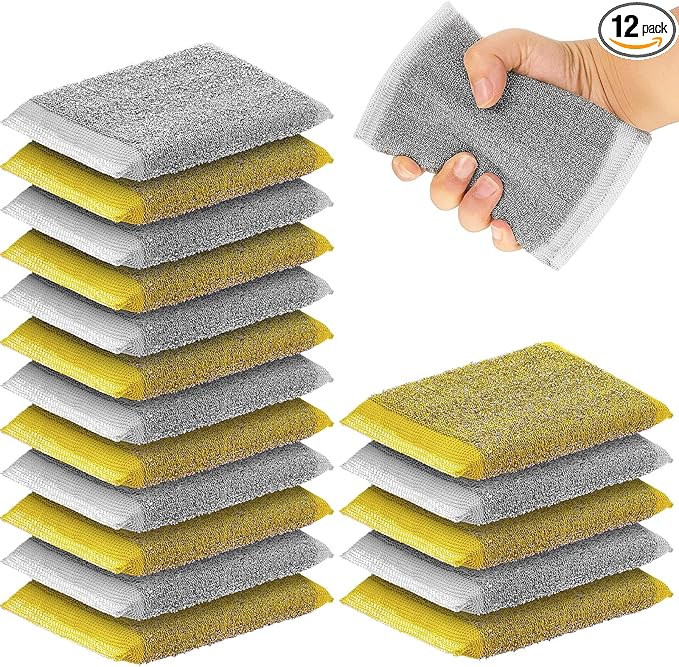 Thyle 12 Pack Steel Scrub Sponges for Dishes Non Scratch Scouring Sponge Multi Use Metal Scrubber Heavy Duty Dish Wash Kitchen Sponge for Pot Dish Washing Hard Surface Cleaning Tools (Gray,Yellow)