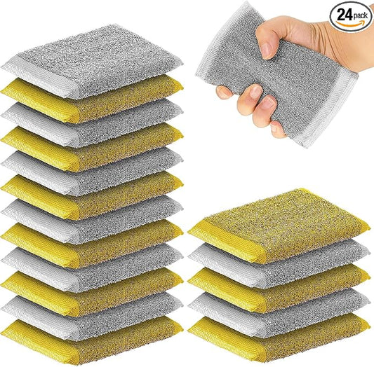 Thyle 24 Pack Steel Scrub Sponges for Dishes Non Scratch Scouring Sponge Multi Use Metal Scrubber Heavy Duty Dish Wash Kitchen Sponge for Pot Dish Washing Hard Surface Cleaning Tools (Gray,Yellow)