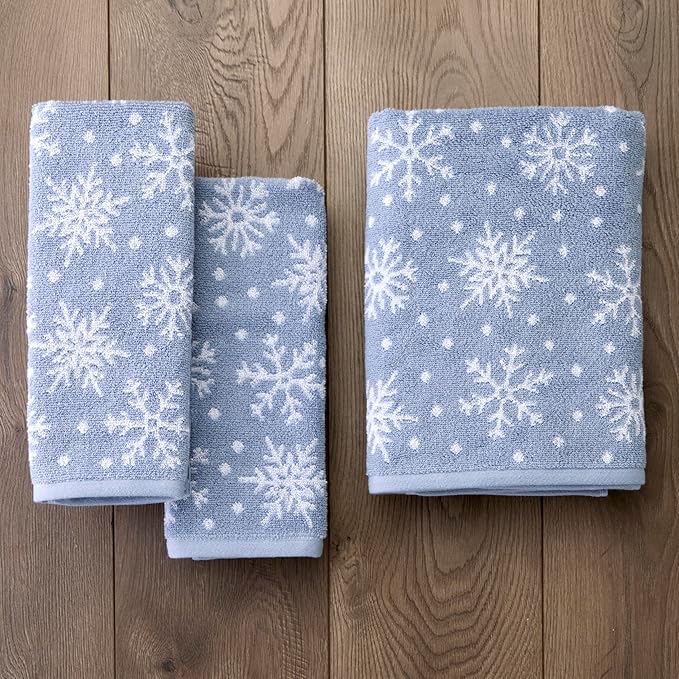 SKL Home Christmas/Winter Scattered Snowflakes 100% Cotton Premium 2-Piece Hand Towel Set, 450 GSM, Reversible Jacquard, Soft & Absorbent, Decorative for Bath/Kitchen/Bar, Blue/White