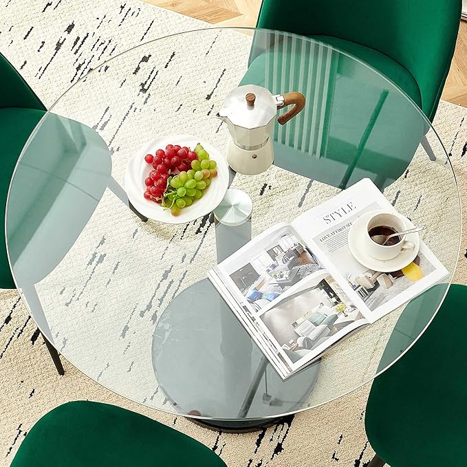 Round Dining Room Table Set for 4, 5 PCS Glass Tulip Kitchen Table Set, Marble Base Living Coffee Table with Upholstered Dining Chairs Luxury Comfy Accent Side Chairs for Small Spaces