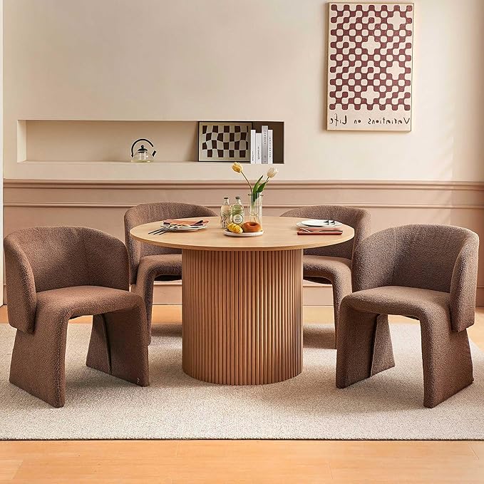 Dining Table Set for 4, 47" Round Kitchen Table with Two-Part Tabletop& Wood Strips Base, Oak Wood Finish Circle Dinner Table with Brown Teddy Velvet Dining Chairs Upholstered