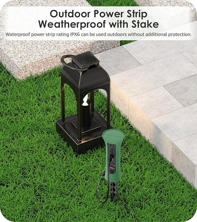 CCCEI Outdoor Power Strip Weatherproof with Stake, Waterproof Extension Cord with Multiple Outlets, Christmas Exterior Garden Decor, Yard, Camping, 4 Plugs, Surge Protector 25FT, Green.