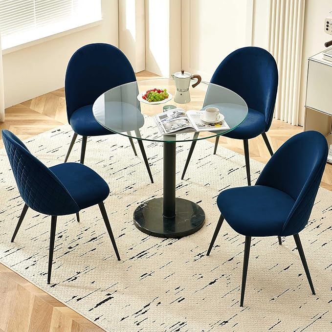5-Pieces Small Round Kitchen Dining Table Set for 4, Contemporary Glass Dining Room Breakfast Table Set with Upholstered Dining Accent Chairs Curved Backrest, Dinette Set for Apartment