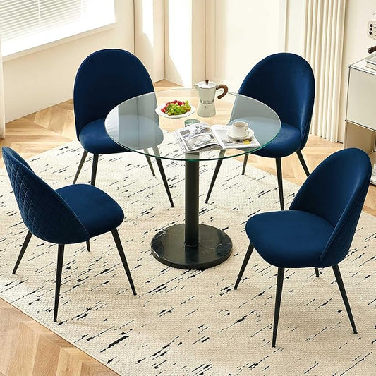 5-Pieces Small Round Kitchen Dining Table Set for 4, Contemporary Glass Dining Room Breakfast Table Set with Upholstered Dining Accent Chairs Curved Backrest, Dinette Set for Apartment