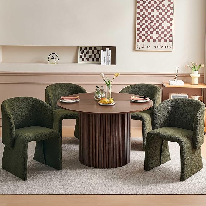Dining Table Set for 4, 47" Round Kitchen Table and Green Upholstered Barrel Dining Room Chairs Set, Rustic Dinette Set, Engineered Wood Two-Part Tabletop with Walnut Finish