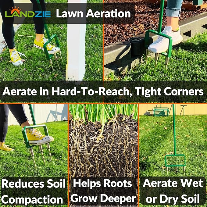 Landzie - The Original Spike Tine Fork Lawn Aerator - 42 Inch Manual Stainless Steel Gardening Hand Tool - Grass Dethatcher Aerator Lawn Tool with Solid Tines for Compacted Soil