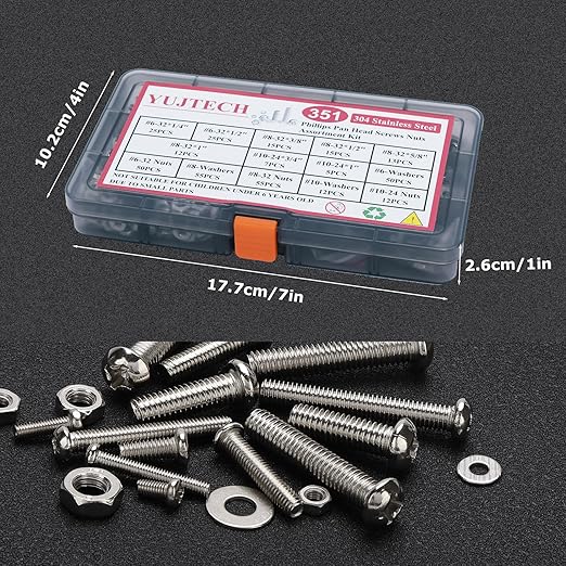 351Pcs Machine Screws Assortment Kit,#6-32#8-32#10-24 Stainless Steel Screws Set with Nuts Bolts and Flat Washers, for Electronics Furniture Automotive Repair & DIY Projects