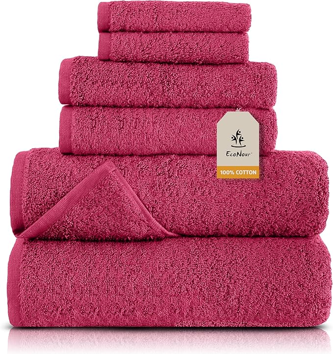 EcoNour Super Soft Bath Towels, Absorbent Quicker to Dry 100% CottonTurkish Towels, Pack of 6,Lighter Weight, Perfect for Bathroom, Spa, Gym & Hotel (Pink)