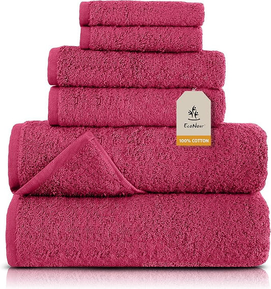 EcoNour Super Soft Bath Towels, Absorbent Quicker to Dry 100% CottonTurkish Towels, Pack of 6,Lighter Weight, Perfect for Bathroom, Spa, Gym & Hotel (Pink)