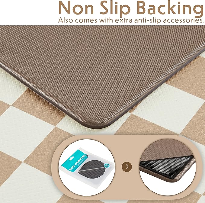 Checkered Kitchen Mats for Floor Set of 2, 2 Pcs Beige Khaki Cushioned Non Slip Runner Rugs for Kitchen/Sink/Laundry, Comfort Aesthetic Cute Anti-Fatigue Foam Floor Mat 17.3"x29.5"+17.3"x47.2"