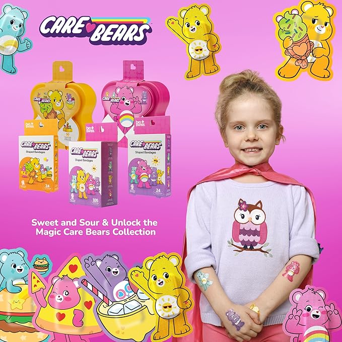 BioSwiss Care Bears Kids Bandages, Unlock The Magic Care Bear Shaped Self Adhesive Bandage Set, Latex Free, Sterile Wound Care, 50 Count