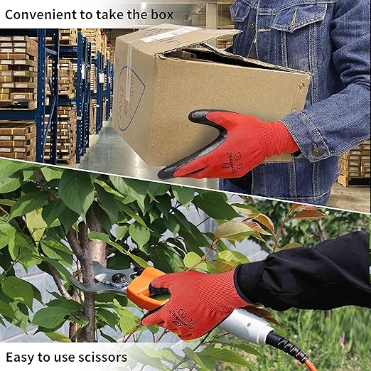 I9 Essentials Work Gloves 12 Pairs – Red Seamless Knit Gloves with Nitrile Coated Palm & Fingers, Breathable Safety Grip for Men & Women, General Duty, Construction, Warehouse (Large)