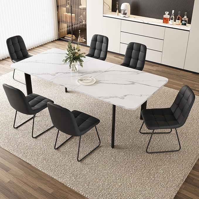 Extendable Dining Table Set for 6-8 People, 63 to 78.7 Inch MDF Kitchen Table with 6 Upholstered Chairs, Space-Saving for Dining Room, Breakfast Nook (White Table & 6 Black U-Shaped Chairs)