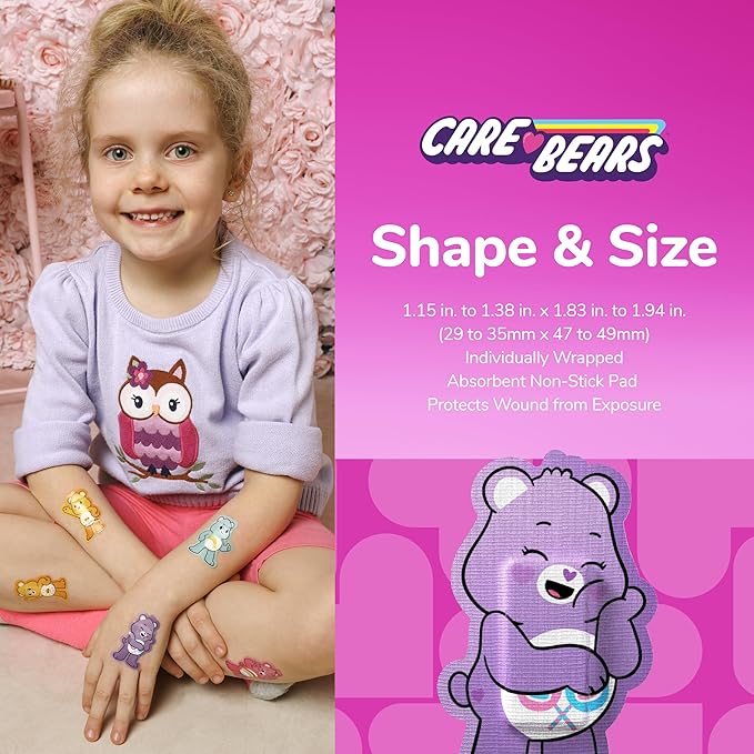 BioSwiss Care Bears Kids Bandages, Unlock The Magic Care Bear Shaped Self Adhesive Bandage Set, Latex Free, Sterile Wound Care, 100 Count