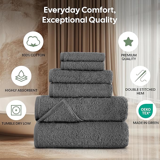 EcoNour Luxury 6-Piece Cotton Towel Set | 100% Dark Grey Turkish Cotton Towels for Bathroom, Spa, Gym & Hotel | Includes 2 Bath Towels, 2 Hand Towels, 2 Wash Cloths | Soft,Quick Dry & Highly Absorbent