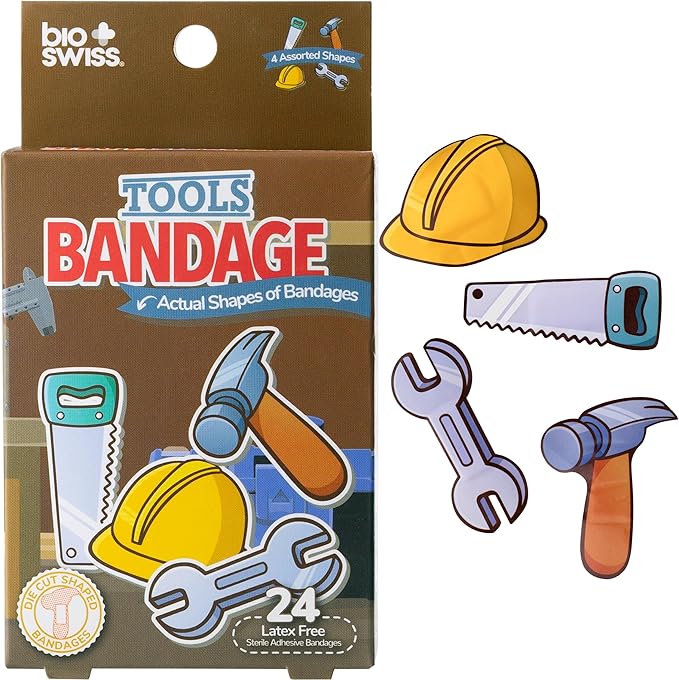 BioSwiss Kids Bandages, Tools Shaped Self Adhesive Bandage Set, Latex Free, Sterile Wound Care, 24 Count