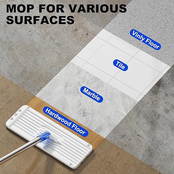Mop and Bucket Set with Wringer, Dry & Wet Dust Mop for Household Floor Cleaning with 5 Microfiber Mops, Flat Squeeze Spin Wall Mop Cleaner with Long Handle, Slate Blue
