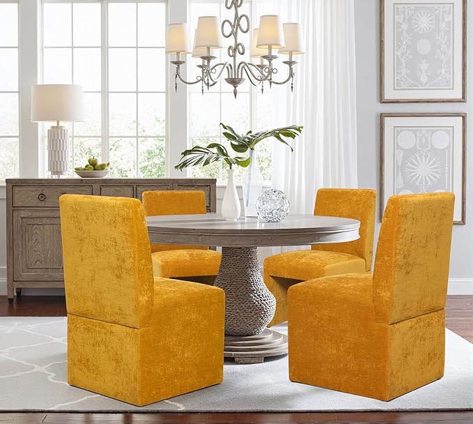 Upholstered Dining Chairs Set of 8 Modern Kitchen & Dining Room Chairs Linen Fabric Dining Chairs with Wooden Frame, Yellow
