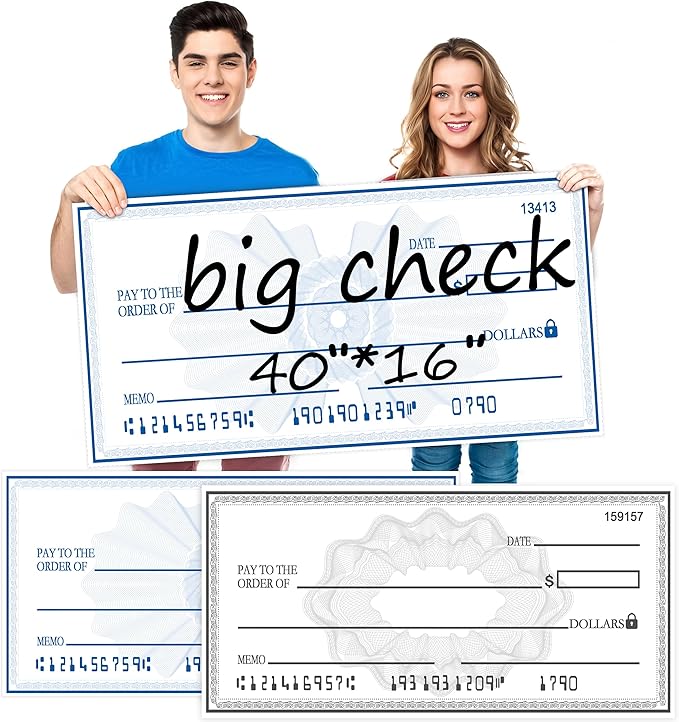 SAYANG Big Check Giant Check 40x16 Inch | Double-Sided Reusable Dry Erase Presentation Board for Fundraisers & Awards - Waterproof Paper with 2 Markers & Guide