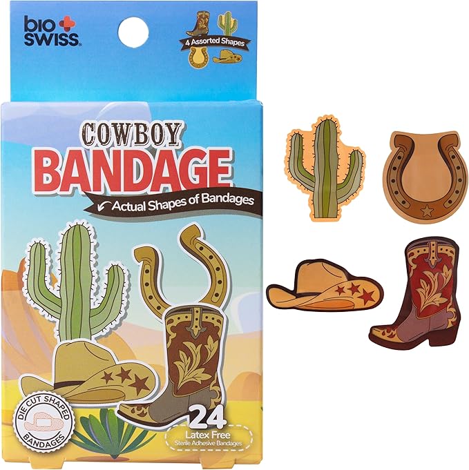 BioSwiss Kids Bandages, Cowboy Shaped Self Adhesive Bandage Set, Latex Free, Sterile Wound Care, 24 Count
