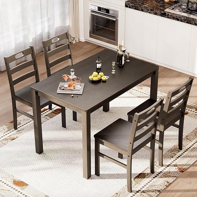 PHI VILLA Dining Table Set for 4, Classic Farmhouse Kitchen Table with 4 Chairs with Built-in Handle, Solid Wood Rectangle Dinner Table Set, Dark Walnut