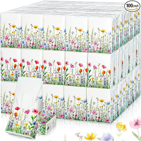 Therwen 100 Pack Pocket Tissues Travel Packs Bulk 1000 Sheet Mini Tissues Bulk 3 Ply Small Travel Size Paper Individual Pocket Size (Wildflowers)