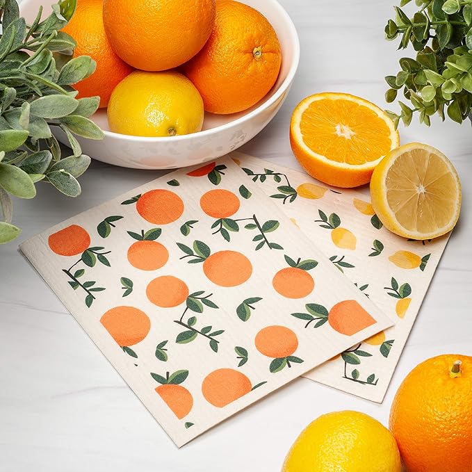 Swedish Dishcloths 4 Pack Yellow Lemons and Oranges Print Reusable Sponges Kitchen Cleaning Cloth Dish Scrubber, Machine Washable, Measures 7.87”x6.88 inches.