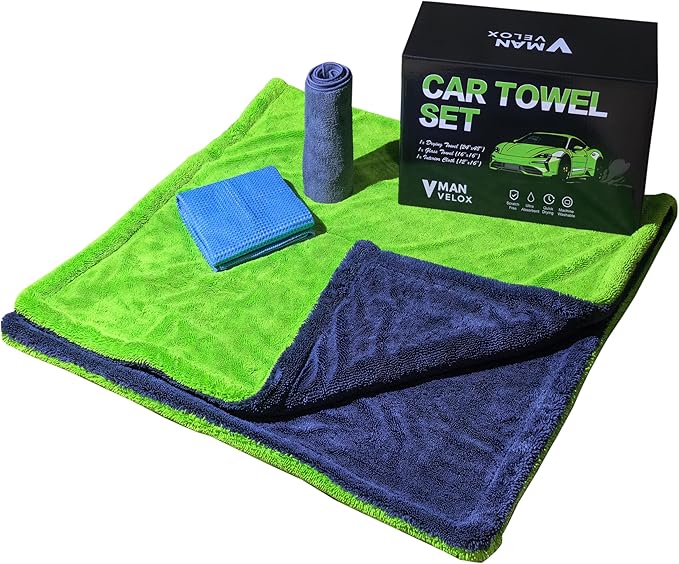 Upgraded 1600GSM Car Drying Towel 3-Pack Kit – 48"x24" Twist Loop Microfiber Towel for SUVs Trucks, Includes Glass Cloth & Interior Wipe – Absorbent Lint-Free Scratch-Free Towels Set