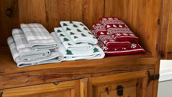 SKL Home Winter/Christmas Fair Isle Hand Towel 2pc Set for Bath/Kitchen/Bar & Gift, Red