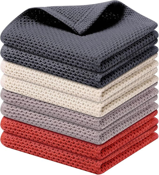 Kitinjoy 100% Cotton Kitchen Dish Cloths, 8 Pack Waffle Weave Ultra Soft Absorbent Dish Towels for Drying Dishes, Quick Drying Dish Rags, 12 X 12 Inch, Multicolor