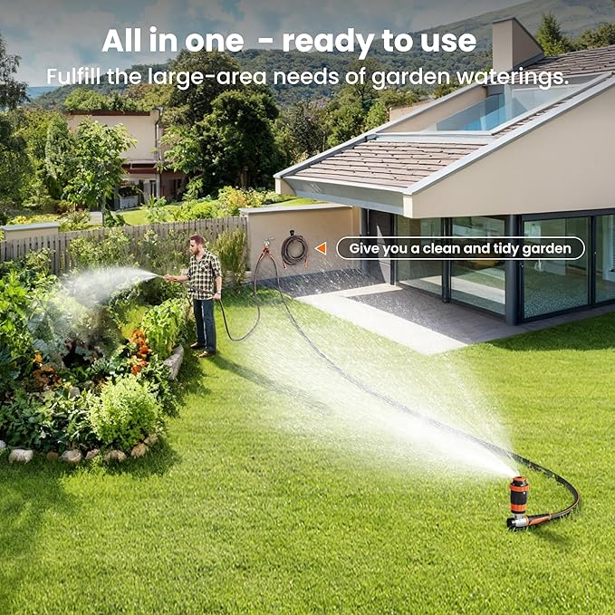 Giraffe Tools Garden Hose 100ft x 5/8", Water Hose Heavy Duty, Flexible with Watering Timer Nozzle and Yard Sprinkler, Lightweight Hybrid Hose with Swivel Handle, Male to Female Fittings