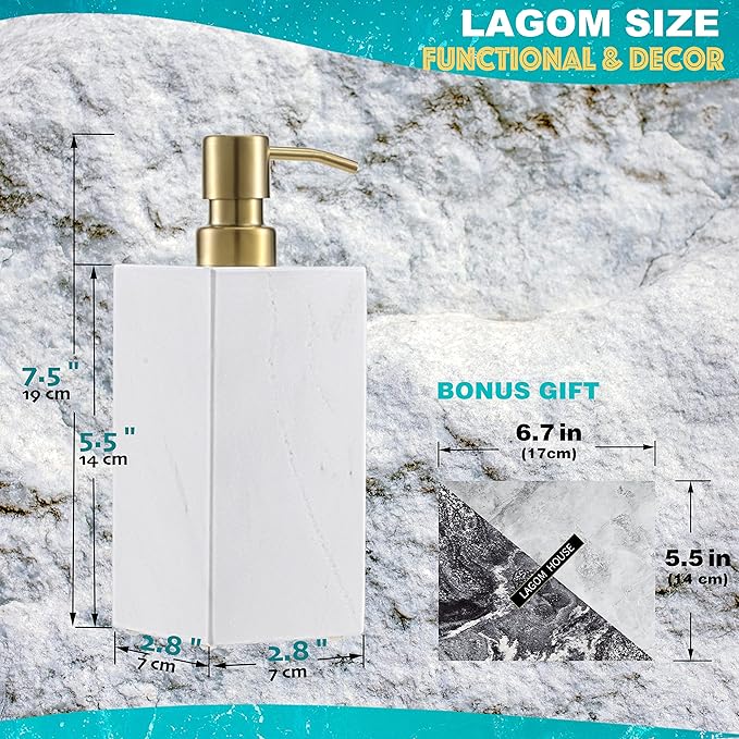 LAGOM HOUSE Marble Soap Dispenser with Gold Stainless Steel Pump top White Italian Natural Stone Marble Liquid Hand Soap Dispenser Decorative Bottle for Kitchen Bathroom Countertop