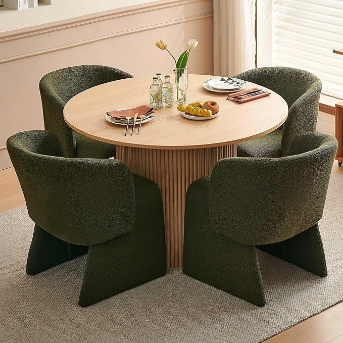 5-Piece Dining Table Set for 4, Modern Round MDF Kitchen Table with Oak Finish, Two-Part Tabletop, Stylish Breakfast Table and 4 Cozy Dining Side Chairs Upholstered Set