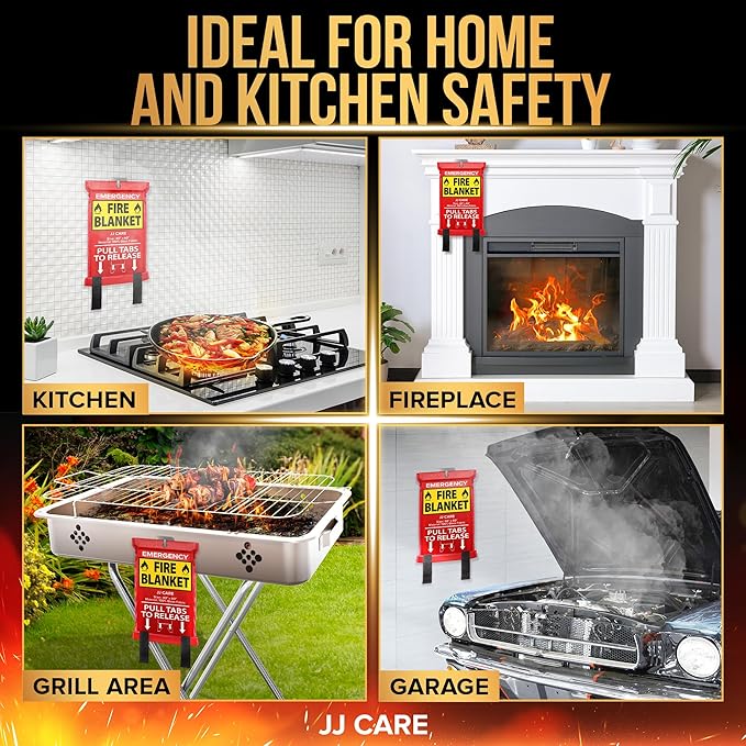 JJ CARE Fire Blanket – (X-Large) 6.5x6.5ft w/Hooks & Gloves, Emergency Fire Blanket for Home & Kitchen, High Heat Resistant Fire Suppression Blankets for Home Safety, Kitchen, Camping