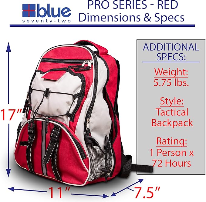 Blue Seventy-Two - Pro Series - Red Deluxe 72 Hour Emergency Backpack Survival Kit for 1 Person | Survival Kit for Wildfires, Earthquake, Tornado, Hurricane, and Other Emergencies