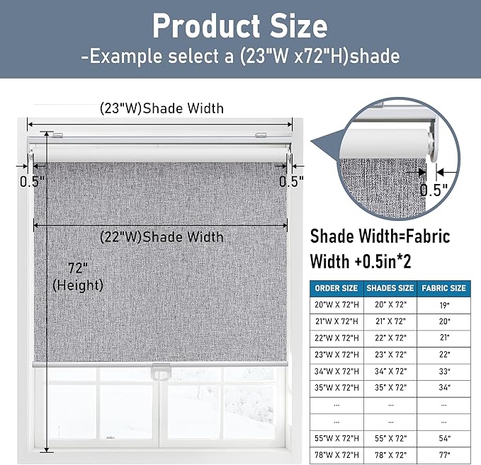 Cordless Roller Shades Blackout Blinds for Windows Room Darkening Rolled Up Shades with Spring System, UV Protection Natural Linen Fabric Window Shades Door Blinds for Home,46" W x 72" H, Heather Grey