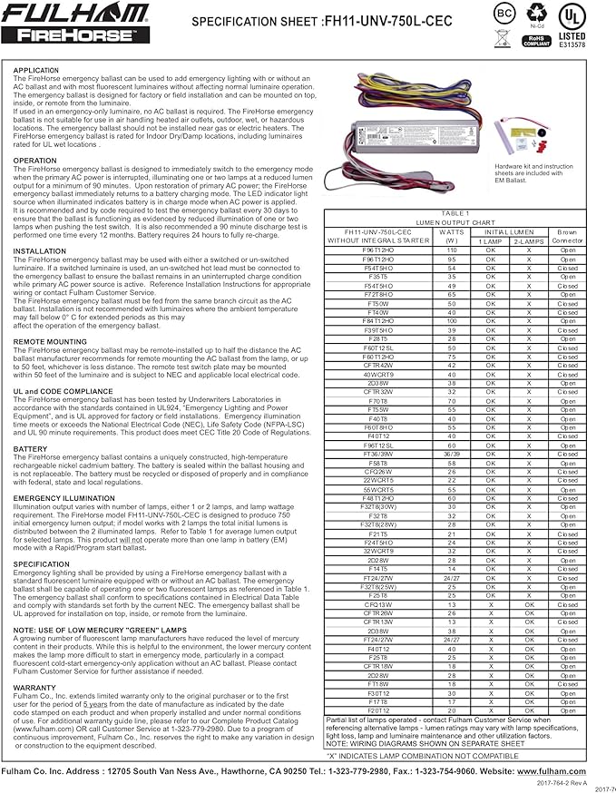 Fulham FH11-UNV-750L-CEC FireHorse 11 - Emergency Ballast - Universal Voltage - 750 Initial Lumen Output, White
