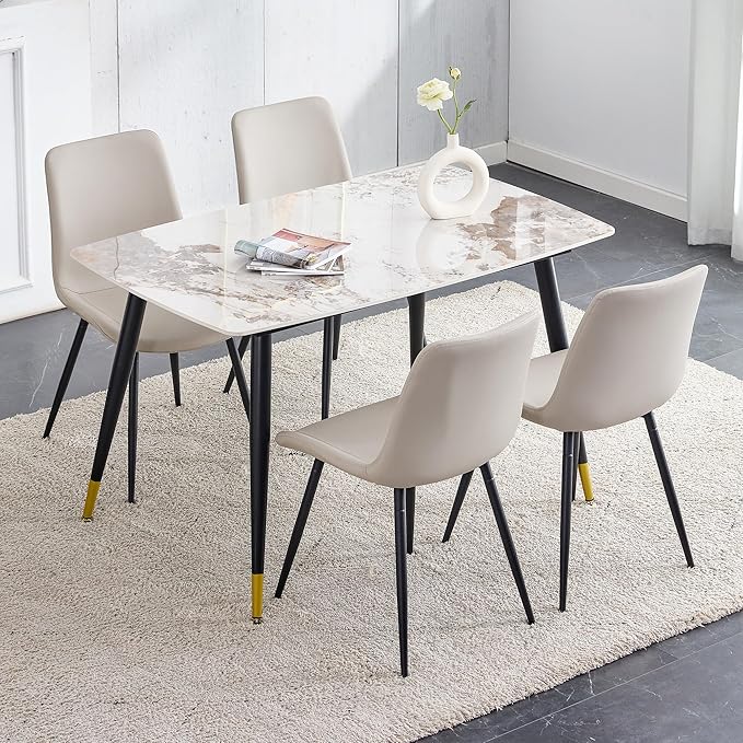 Marble Modern Dining Table Set for 4, 50" Sintered Stone Tabletop and 4 Upholstered PU Leather Chair Dining Room Table Set for 4(1Marble Table and Gray Chairs Set of 4)