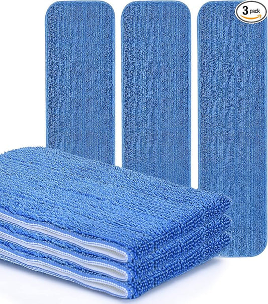 Matthew 18'' Microfiber Spray Mop Replacement Pads Heads for Wet Dry Reusable Mops Floor Home Commercial Cleaning Refills, Machine Washable Fits Compatible with Bona Mop&Most Spray Mops Blue (3 Pack)