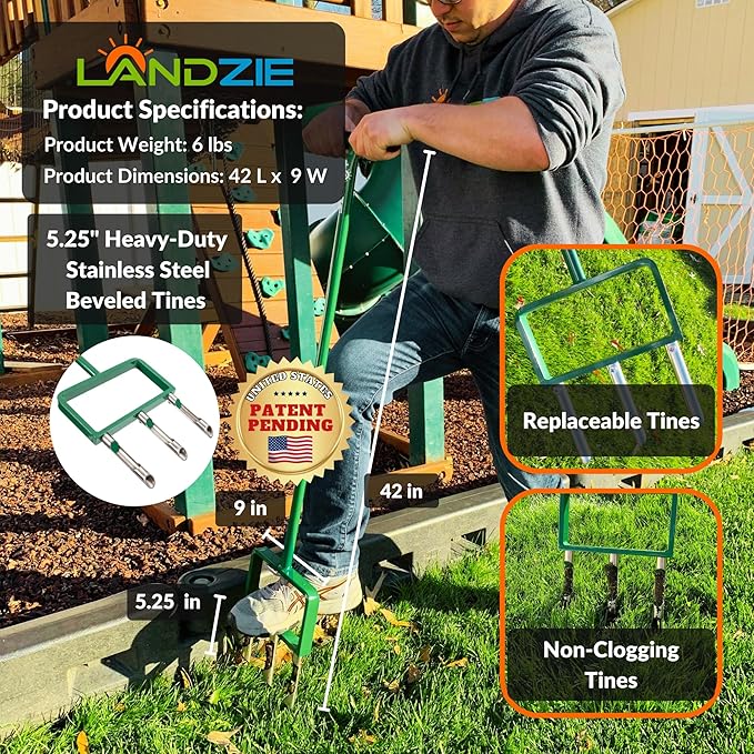 Landzie - The Original Hollow and Spike Tine Lawn Aerator Set - Includes 1 Aerator + Set of 3 Hollow Tines and 3 Spike Tines - 42 Inch Manual Stainless Steel Gardening Hand Tool