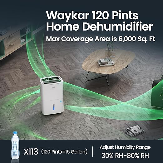 Waykar 120 Pints 2025 Energy Star Home Dehumidifier for Spaces up to 6,000 Sq. Ft at Home, in Basements and Large Rooms with Drain Hose, Handle, Auto Defrost and Self-Drying.