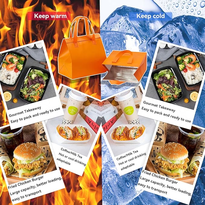 12 Pcs Insulated Take Away Bags, Disposable Lunch Bags For Food Takeaways, Coffee, Milk Tea, Seafood, Pizza, For Restaurants And Grocery Shops 9.5 x 6 x 10 In (orange)