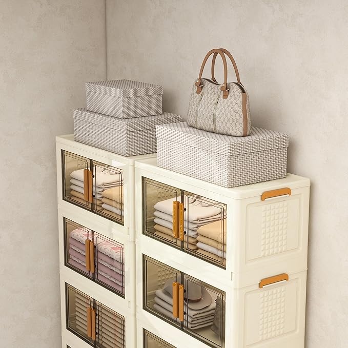 Plastic Stackable Storage Bins with Lids and Wheels, Foldable Closet Organizers and Storage Containers, Collapsible Clear Drawer Storage Cabinet with Doors Ivory White 537.6 QT
