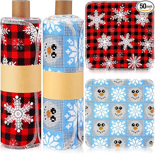 Redbaker 50 Pcs Reusable Paper Towels Paperless Reusable Cotton Cloths Toilet Absorbent Washable Paper Towels with Roll Kitchen Dishcloth for Kitchen Paperless Dishcloths(Snowman)
