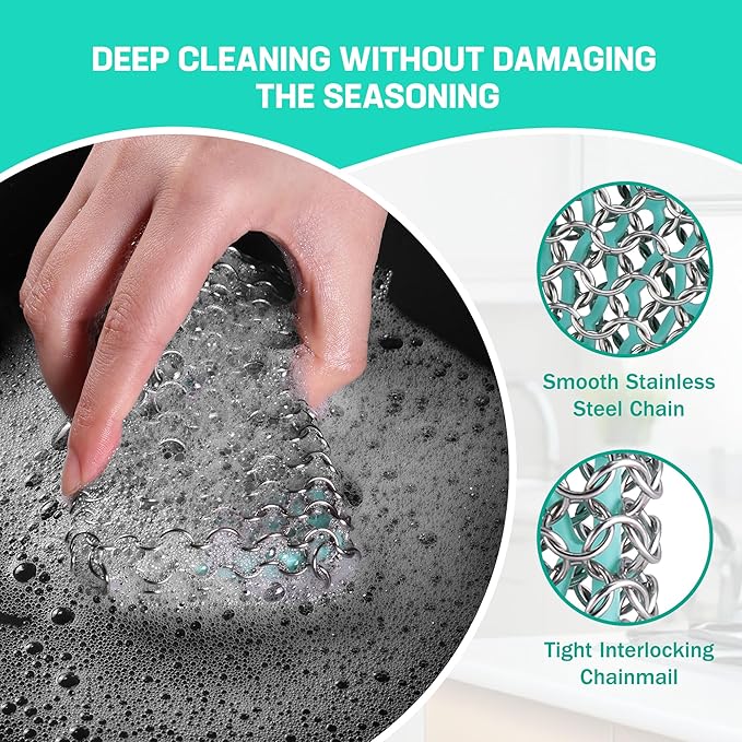 HAUSHOF Cast Iron Scrubber, Chainmail Scrubber with Silicone Core, Premium Chainmail Scrubber Sponge for Skillet, Pan, Dutch Oven