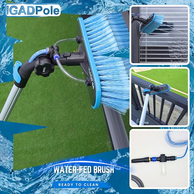 IGADPole Washing Kit: Water-fed Brush, Cobweb Duster and 10” Squeegee and Soap Dispenser, with 3-Stage Telescoping Pole 5-12ft Pole