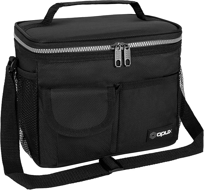 opux Insulated Lunch Bag for Men Women, Leakproof Black Lunch Box for Work, Portable Soft Lunch Cooler Bag with Shoulder Strap, Adult Lunchbox Lunch Pail for Kid Boy Girl School, 14 Can/8L