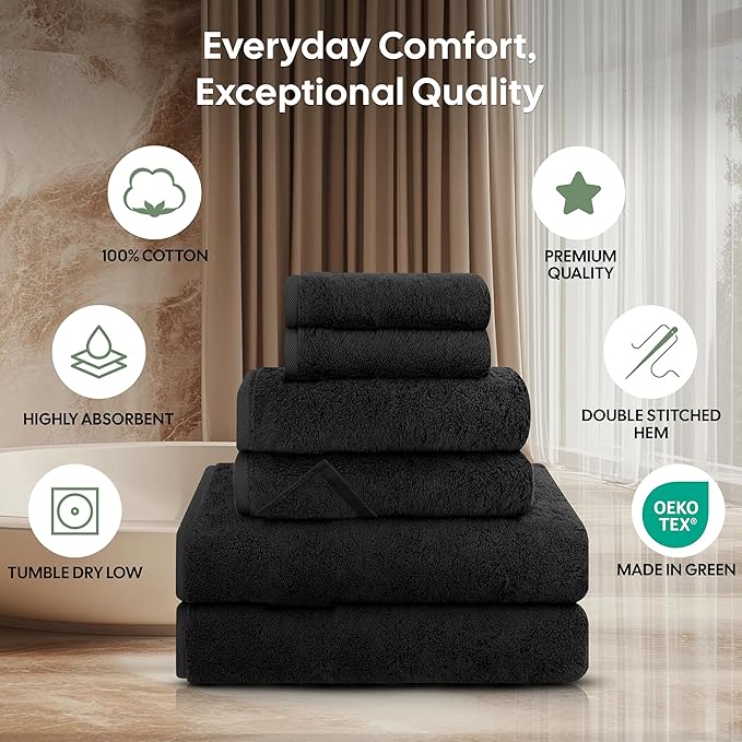 EcoNour Luxury 6-Piece Cotton Towel Set | 100% Black Turkish Cotton Towels for Bathroom, Spa, Gym & Hotel | Includes 2 Bath Towels, 2 Hand Towels, 2 Wash Cloths | Soft, Quick Dry & Highly Absorbent