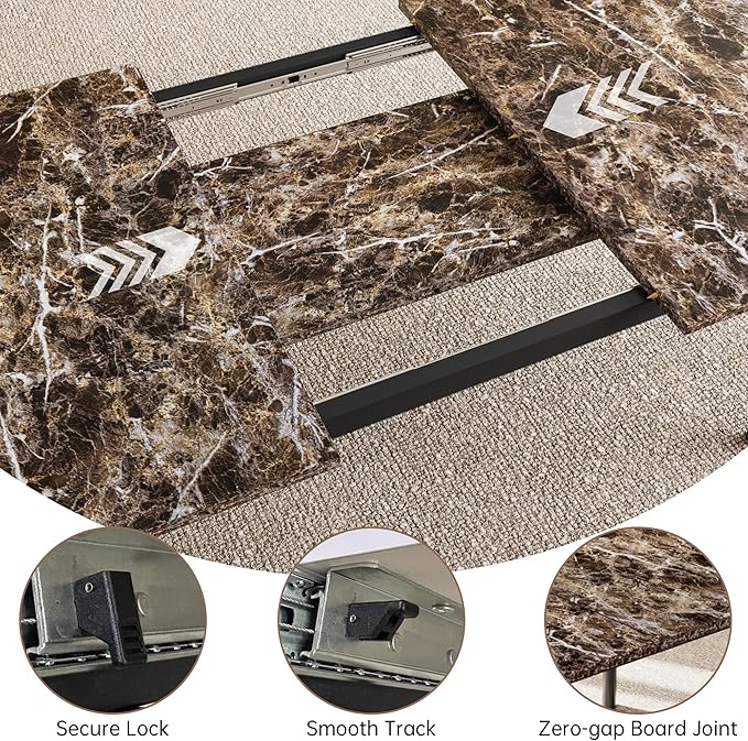 Extendable Dining Table Set for 6-8 People, 63 to 78.7 Inch MDF Kitchen Table with 6 Upholstered Chairs, Space-Saving for Dining Room, Breakfast Nook (Brown Table & 6 White U-Shaped Chairs)